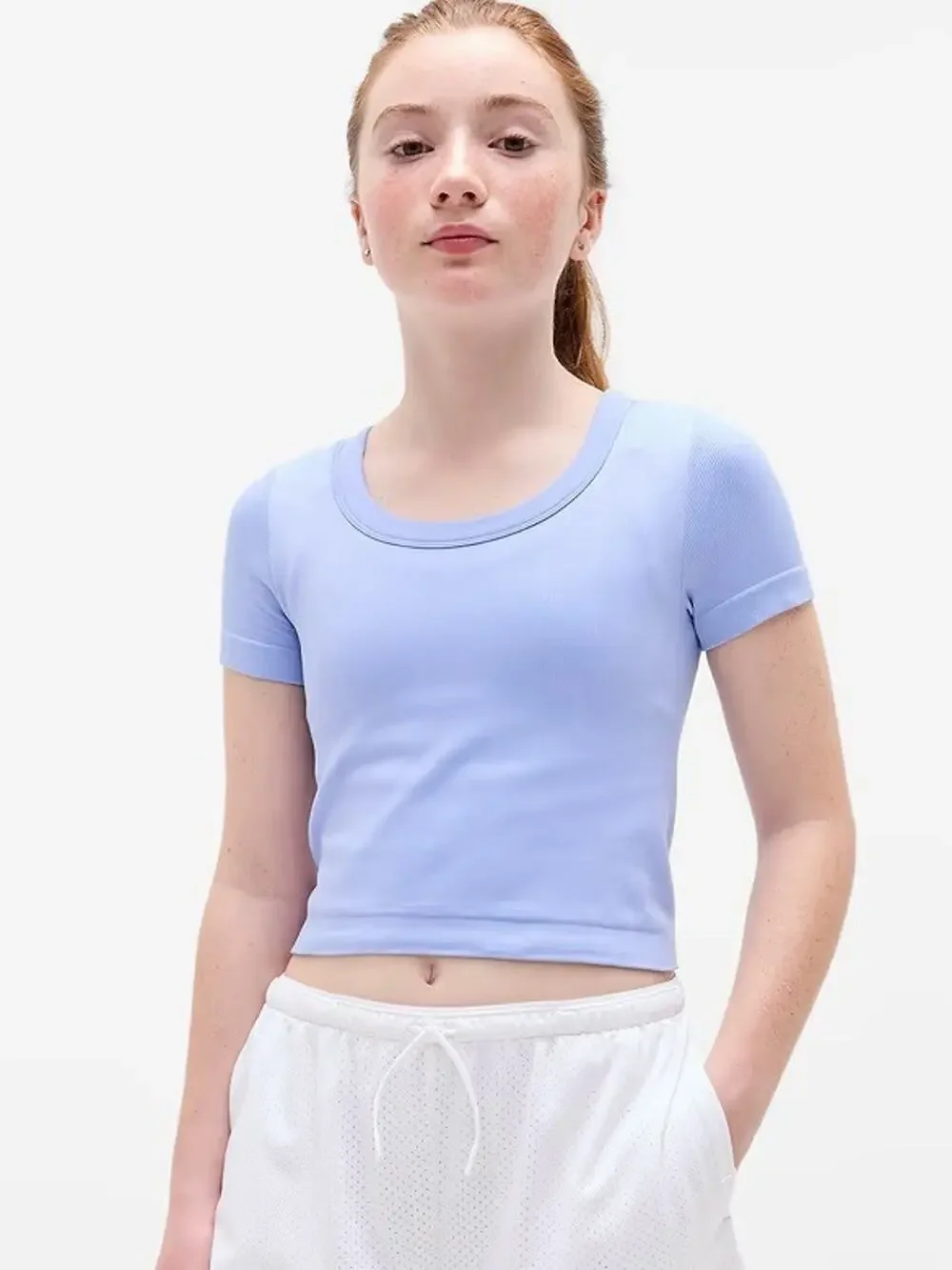 Athleta Girl Rise Above Ribbed Cropped T-Shirt Periwinkle Size Large (12) EUC!